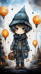 Wall Mural - A painting of a boy with balloons and a hat. Generative AI. Cute Halloween character.