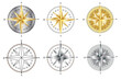 Compass icons set. Compass rose sign. Windrose symbol. Nautical wind rose icon. Vintage compass. Compasses for travel map. Navigation arrow symbols.