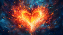 Large Fiery Flaming Heart On A Dark Blue Background