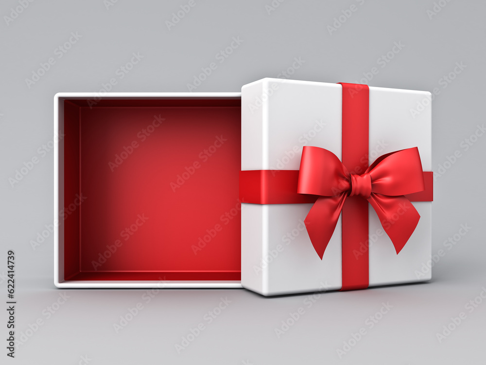 White gift box open with blank red bottom box or top view of present ...