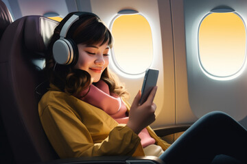 A woman sitting in an airplane with headphones on looking at her phone. Generative AI.