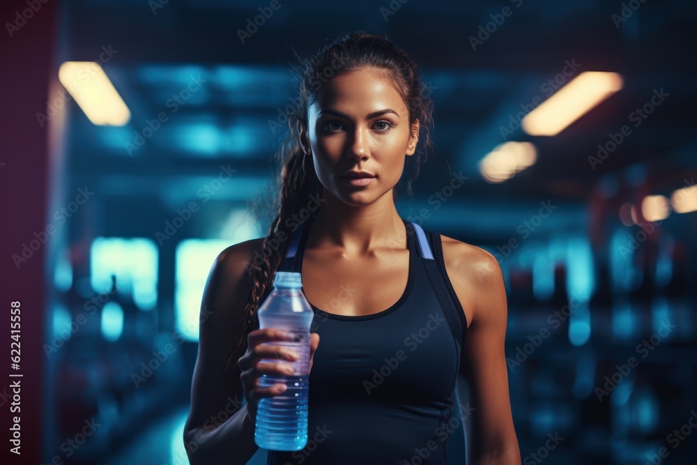 a photo of a white female gym athlete drinking cold isotonic sports ...