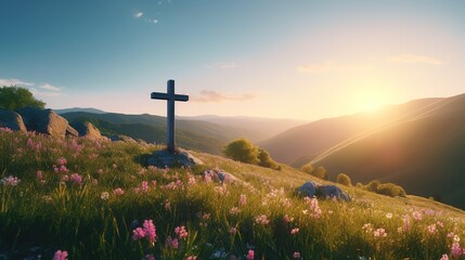 Cristian cross on top of a green hill at sunset