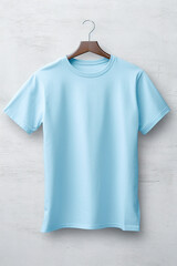 Wall Mural - Plain light blue color mockup on neutral background. Crowneck tshirt for your design, front view. Generative AI.