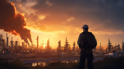 Wall Mural - worker facing factories in the distance at sunset