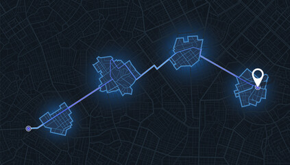 Wall Mural - City streets and blocks, route distance data, path turns and destination tag or mark. Huge city top view. ector, illustration. Abstract background.