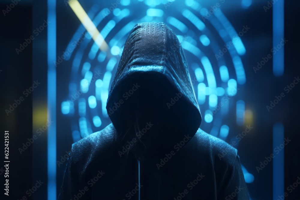 Guardian of the Digital Realm: CGI Close-Up of a Hooded Figure in Front ...