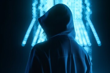Poster - Guardian of the Digital Realm: CGI Close-Up of a Hooded Figure in Front of a Closed Cyber Security Door in a Futuristic Cyberworld, Symbolizing Network Security and Safety