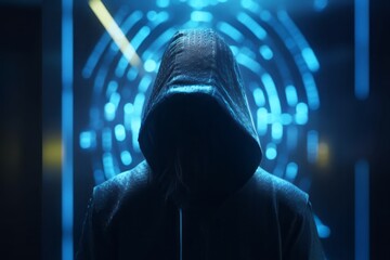 Poster - Guardian of the Digital Realm: CGI Close-Up of a Hooded Figure in Front of a Closed Cyber Security Door in a Futuristic Cyberworld, Symbolizing Network Security and Safety