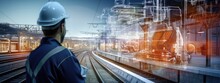 Engineer Worker On The Train Tracks With Digital View Generative AI