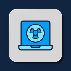 Sticker - Filled outline Nuclear laptop icon isolated on blue background. Vector