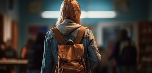 Back to school, Back of college student with backpack while going to university by walking from street, teenager in campus, education background, banner concept. Created with Generative AI technology.