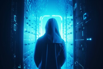 Poster - Guardian of the Digital Realm: CGI Close-Up of a Hooded Figure in Front of a Closed Cyber Security Door in a Futuristic Cyberworld, Symbolizing Network Security and Safety