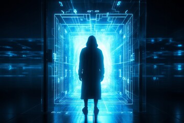 Aufkleber - Guardian of the Digital Realm: CGI Close-Up of a Hooded Figure in Front of a Closed Cyber Security Door in a Futuristic Cyberworld, Symbolizing Network Security and Safety