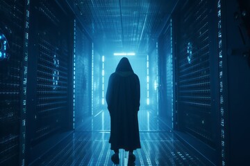 Poster - Guardian of the Digital Realm: CGI Close-Up of a Hooded Figure in Front of a Closed Cyber Security Door in a Futuristic Cyberworld, Symbolizing Network Security and Safety