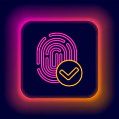 Wall Mural - Glowing neon line Fingerprint icon isolated on black background. ID app icon. Identification sign. Touch id. Colorful outline concept. Vector