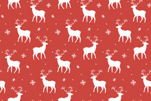 Red Christmas Pattern, Deer Illustrations. Gift Wrapping Paper Design, Vector Seamless Background For Winter Holidays