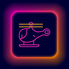 Poster - Glowing neon line Helicopter aircraft vehicle icon isolated on black background. Colorful outline concept. Vector