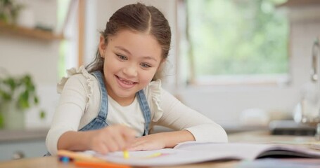 Poster - Education, happy and girl doing her homework in the kitchen for studying or learning at home. Creative, artistic and kid student drawing art picture with color pencils for child development at house.