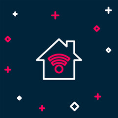 Poster - Line Smart home with wi-fi icon isolated on blue background. Remote control. Colorful outline concept. Vector