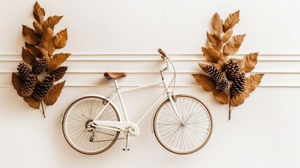 Sticker -  a white bike parked next to a wall with two brown leaves.  generative ai