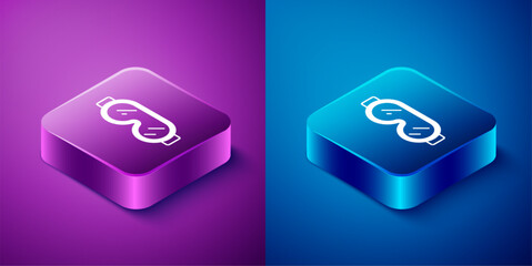 Canvas Print - Isometric Safety goggle glasses icon isolated on blue and purple background. Square button. Vector