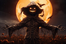 Scarecrow In Halloween With Pumpkins In A Field