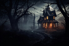 Halloween Haunted House With Lights On In The Middle Of The Night With Mist