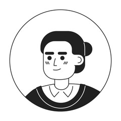 Poster - Asian serious woman monochrome flat linear character head. Adult lady with bun hairstyle. Editable outline hand drawn human face icon. 2D cartoon spot vector avatar illustration for animation