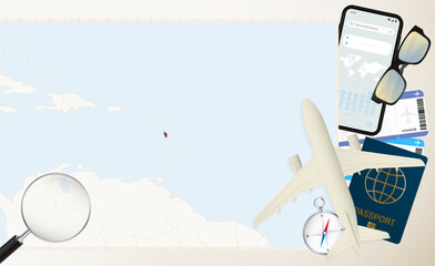 Dominica map and flag, cargo plane on the detailed map of Dominica with flag.