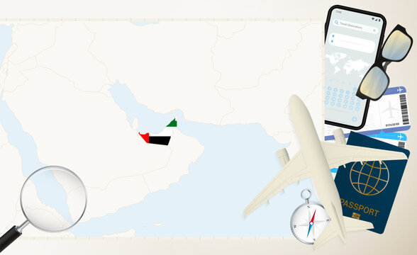 United Arab Emirates map and flag, cargo plane on the detailed map of United Arab Emirates with flag.