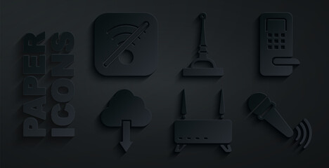 Canvas Print - Set Router and wi-fi signal, Digital door lock, Cloud download, Wireless microphone, Antenna and No Wi-Fi wireless internet icon. Vector