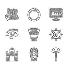 Wall Mural - Set Egyptian vase, mummy in sarcophagus, fan, Sun, house, Eye of Horus, pyramids and Map icon. Vector