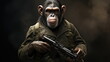 Portrait of an aggressive ape with a gun in his hand. The concept of maladaptive aggression. Monkey with a grenade. Generative AI