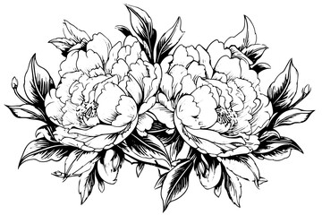 Wall Mural - Peony flower and leaves drawing. Vector hand drawn engraved ink illustration