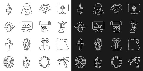 Poster - Set line Tropical palm tree, Map of Egypt, Hookah, Eye Horus, pyramids, Egyptian Scarab, Snake and on papyrus scroll icon. Vector