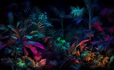 Creative neon tropical forest with colorful exotic plants glowing in the dark background. Generative AI.