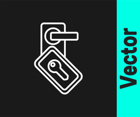 Poster - White line Digital door lock with wireless technology for unlock icon isolated on black background. Door handle sign. Security smart home. Vector