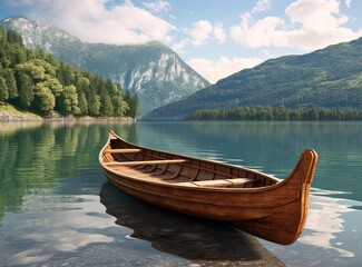 Beautiful view of traditional wooden rowing boat on scenic Lago di Braies in the Dolomites in scenic morning light at sunrise. Created with Generative AI technology.