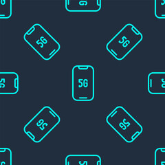Poster - Green line Mobile with 5G new wireless internet wifi icon isolated seamless pattern on blue background. Global network high speed connection data rate technology. Vector