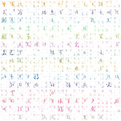 Poster - Matrix background with random symbols of the Chinese Simplified Alphabet. Gradiented matrix pattern with a vivid color theme. Tileable horizontally. Cool vector illustration.