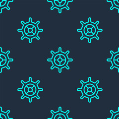 Poster - Green line Ship steering wheel icon isolated seamless pattern on blue background. Vector