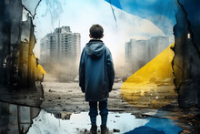 An Orphaned Child Stands In Front Of The Ruins Of A Ukrainian Town Destroyed In The War, With The Ukrainian Flag Visible, Generative Ai