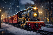 A Locomotive Steam Train Decorated With Christmas Lights Drives Through The Snowy Streets Of The Big City On Christmas Eve, Generative Ai