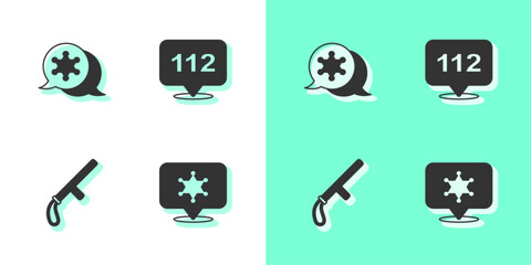 Poster - Set Hexagram sheriff, , Police rubber baton and Telephone call 112 icon. Vector