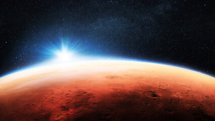 Poster - Amazing red planet Mars with craters and beautiful blue sunset in space with stars. New planet Mars. Travel to Mars, creative idea
