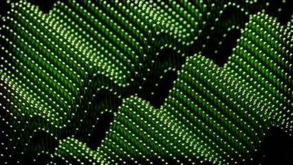 Poster - 3D dots move with wave structure. Design. 3D space with moving metal dots and colored waves. Colored metal structure of dots and moving waves on black background