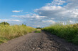 Polna kamienna droga idąca przez obszary wiejskie zachodniej Polski wśród pól i lasów w popołudniowy słoneczny dzień o letniej porze roku