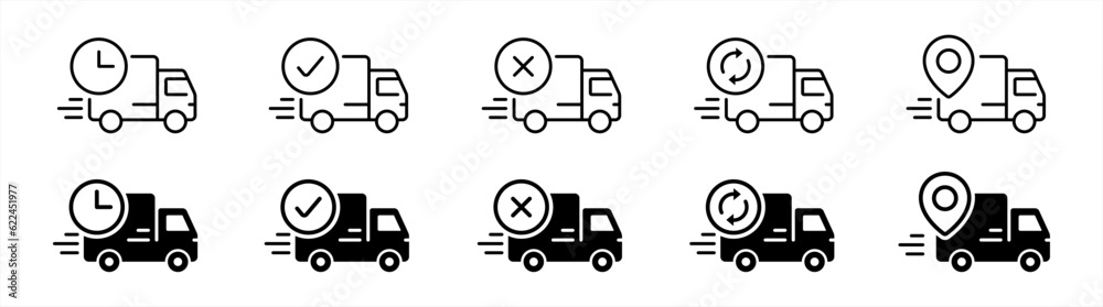 Delivery service icon set in line style. Logistic trucking, Express ...