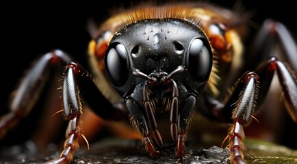 A close up view of a bee's face. Generative AI image.